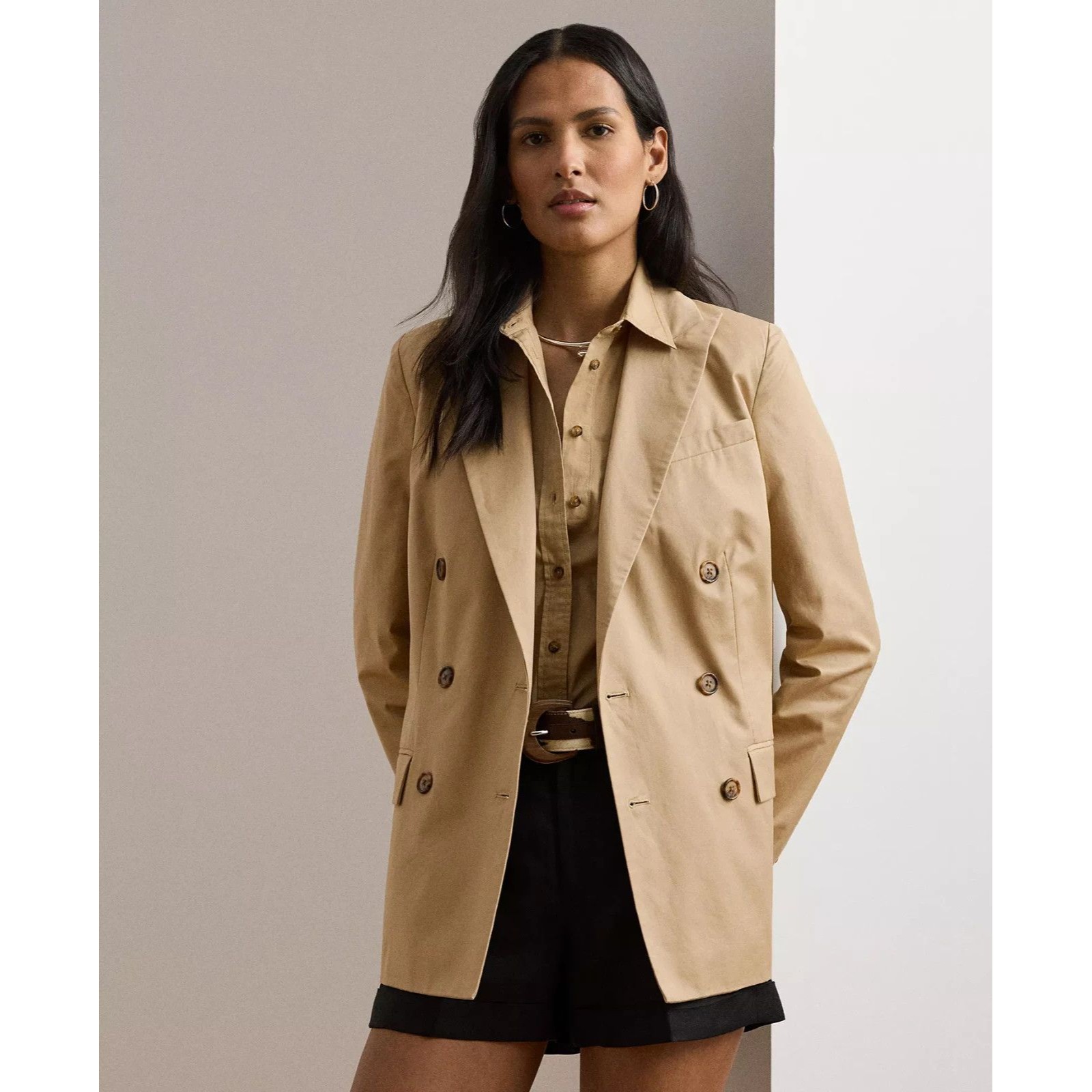Lauren Ralph Lauren Women's Double-Breasted Cotton Twill Blazer Jacket Tan 6